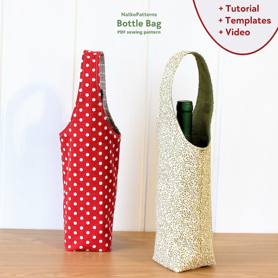 Bottle bag sewing pattern, PDF sew tutorial with templates, DIY gift bag for holiday, Sewing project for beginners, Wine Bag pattern.