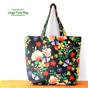 Patron de grand sac fourre-tout, tutoriel de sac cabas doublé, PDF de couture de sacs écologiques, couture pour débutants, modèle de sac facile à réaliser et patron avec modèles