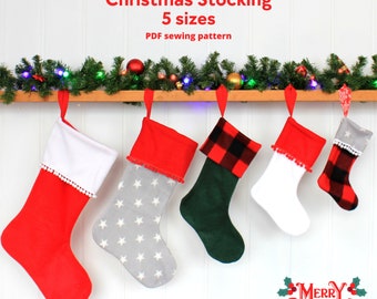 Traditional Christmas stocking PDF sewing pattern, Santa's socks 5 sizes, Easy sewing project for begginners, DIY Christmas decor and gift
