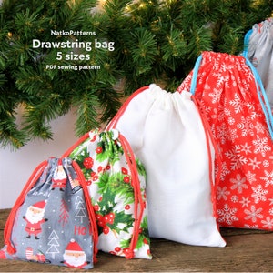 DIY Christmas gift bags, Simple drawstring bag, DIY craft bag, Easy sewing tutorial for beginners, Pattern with Templates, PDF Download