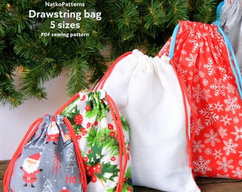 DIY Christmas gift bags, Simple drawstring bag, DIY craft bag, Easy sewing tutorial for beginners, Pattern with Templates, PDF Download