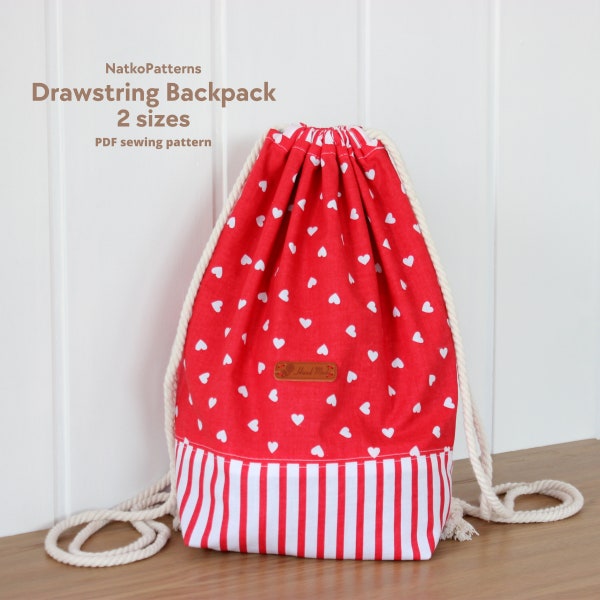 Drawstring backpack sewing pattern, Easy sewing project, Download PDF, Sewing tutorial for beginners, DIY backpack in 2 sizes