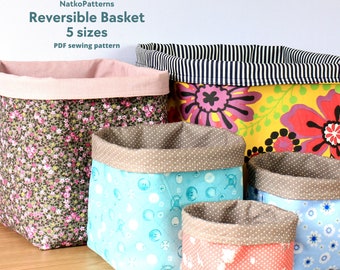 Reversible Fabric Basket PDF Sewing Pattern, DIY Fabric storage 5 sizes, Easy box tutorial, Craft box pattern, Sewing PDF for beginners