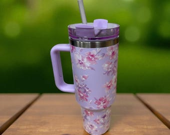 Lavender Floral 40oz Tumbler with Handle – Insulated Cup with Straw