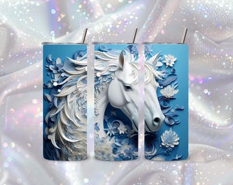 Whimsical Blue Horse 20oz Tumbler – Intricate Floral Mane Design