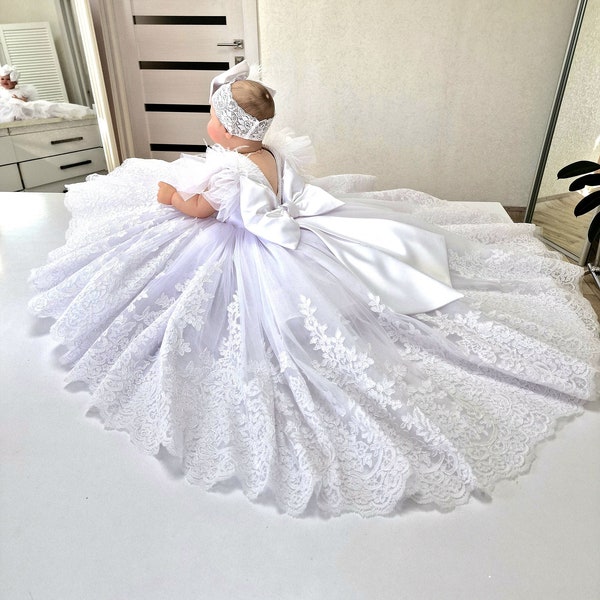 Taufkleid für Mädchen, Spitzen-Taufkleid - Baby-Mädchen-Kleid Taufkleid - Weißes Baby-Taufkleid - Taufkleid für Kleinkinder.