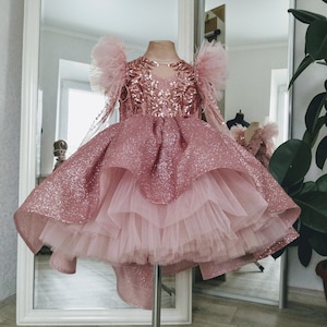 Funkelndes Blumenmädchenkleid mit Schleppe, Glänzendes Baby-Mädchenkleid, Tutu-Kleid zum 1. Geburtstag, Luxuskleid 12-18 Monate