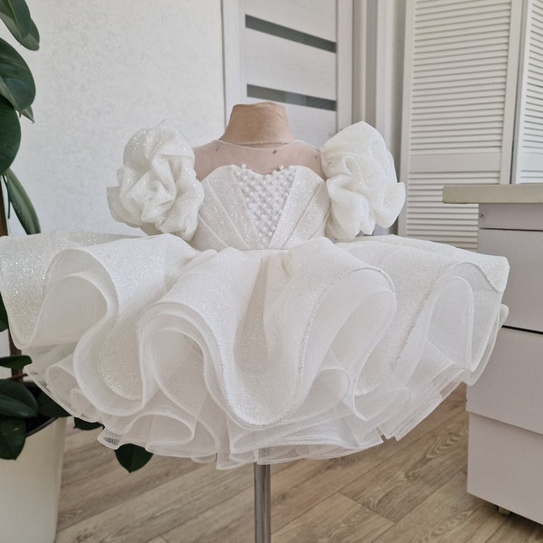 Puffy Glitter Ivory Tutu Dress with Pearl Embroidery and Puff Sleeves - Perfect for Baptism, First Birthday Dress or Flower Girl Dress