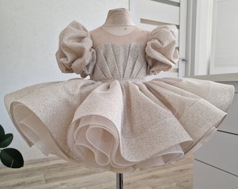 Robe de fille de fleur à manches bouffantes étincelantes, robe de fille moelleuse, robe de mariée scintillante pour fille de fleur 9-12 mois, robe à paillettes pour bébé