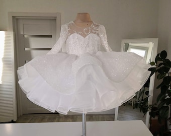 Sparkling White Flower Girl Dress. Christening dress 12-18 months, Dress for the first birthday, Tutu dress 9-12 months