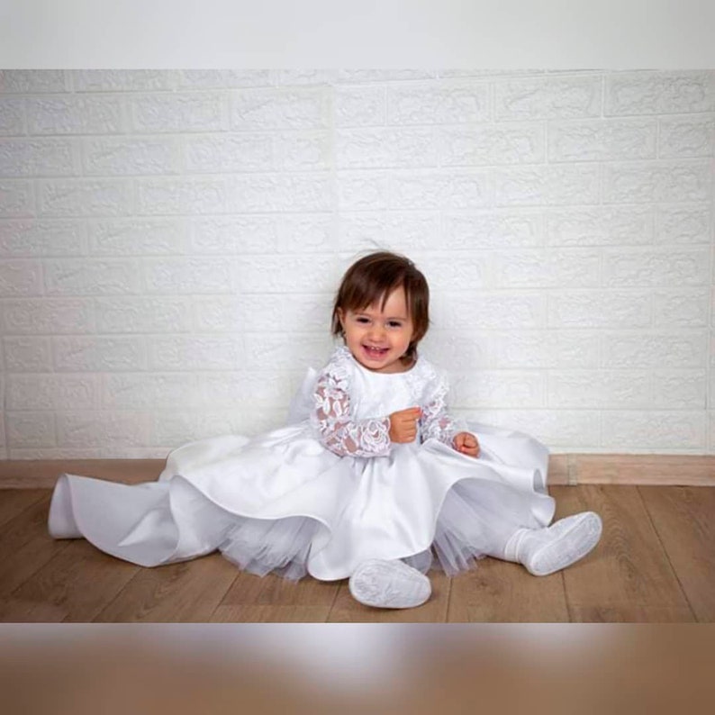 White Flower Girl Dress With Train, Christening Dress, First Communion