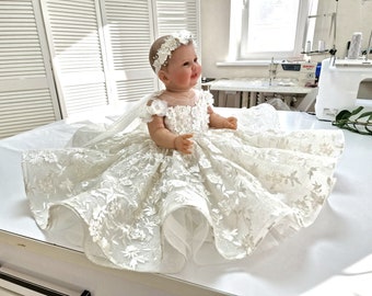 Robe de baptême en dentelle ivoire scintillante, longueur au sol, robe de 1er anniversaire, robe luxueuse en dentelle pour bébés filles