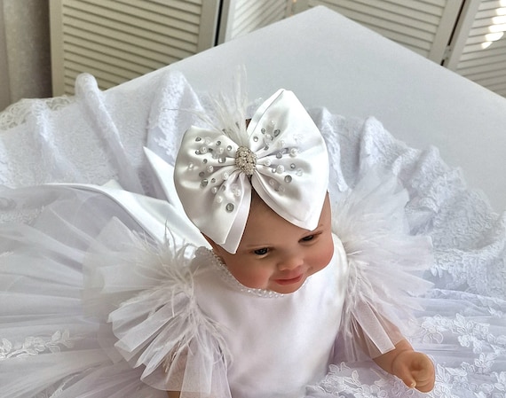 Elegant White Lace Headband With Double Rhinestone Bow for  display picture 1