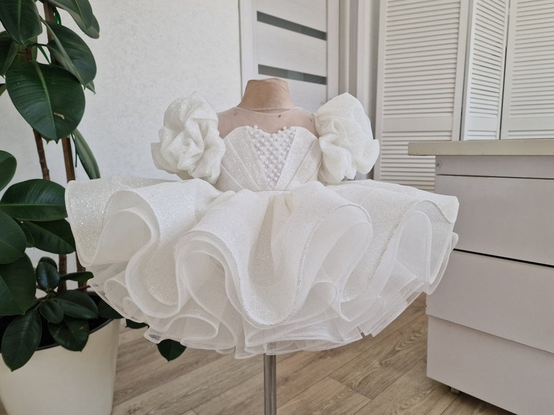 Robe tutu ivoire à paillettes gonflées avec broderie de perles et manches bouffantes Parfaite pour le baptême, la robe de premier anniversaire ou la robe de fille à fleurs ivory