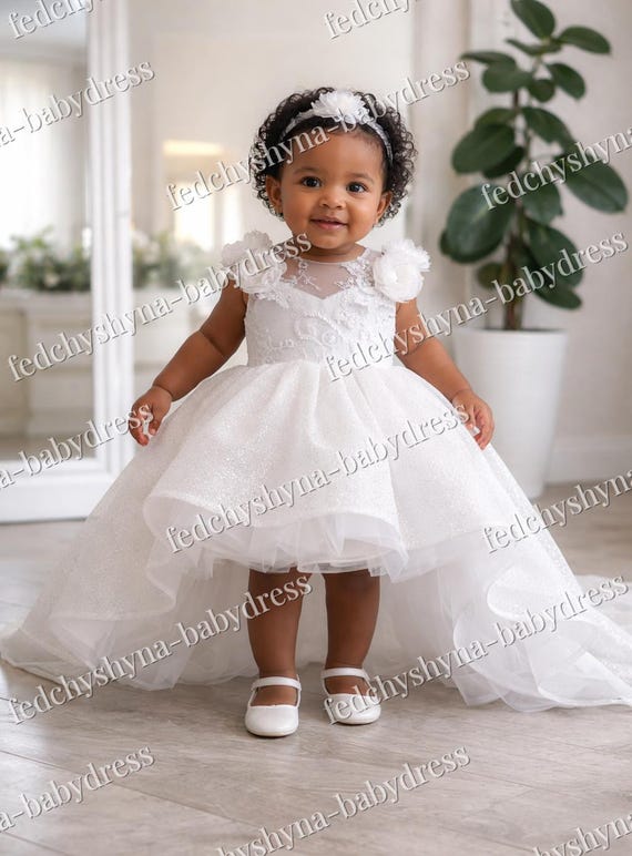 White Toddler baptism Dress with Train, Sparkly Flower Girl Dress with Train, Wedding Ivory Baby Dress, Puffy Flower Girl Dress with Train,