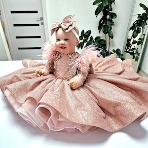 Funkelndes Blumenmädchenkleid mit Schleppe, glänzendes Babymädchenkleid, Tutu-Kleid für den 1. Geburtstag, Luxuskleid 12–18 Monate