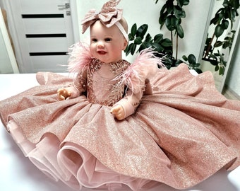 Robe de fille de fleur étincelante avec train, robe brillante de bébé fille, robe Tutu pour le 1er anniversaire, robe de luxe 12-18 mois