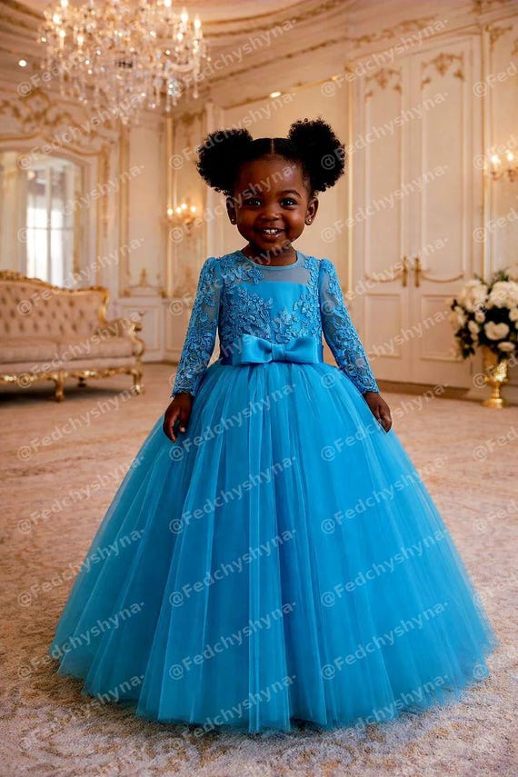 Turquoise Flower Girl Dress with Long Sleeves and Full Tulle Skirt for Special Occasions