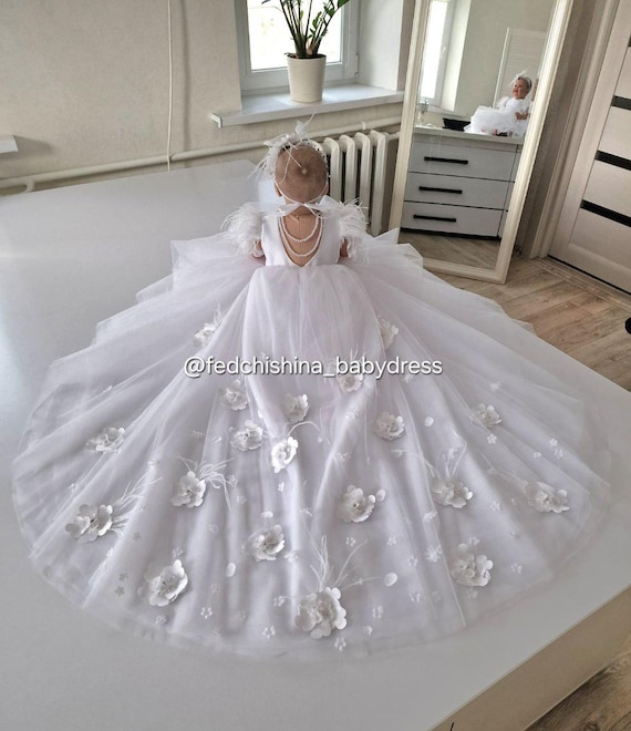 Luxury Baby Girl Christening Dress with Detachable Train, Pearls & Feathers, Handmade Baby Girl Baptism Dress with Pearl Back