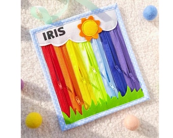 Montessori buckle zipper toy - Activity busy board for Toddlers for Fine motor skills and travel toy, textile Buckle Board with 7 zippers