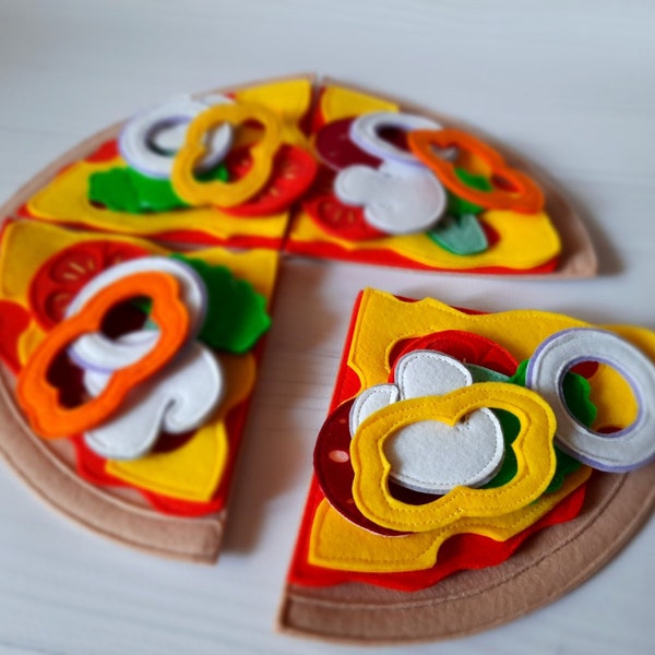 Ensemble de pizza en feutre, nourriture en feutre, imitation de nourriture, jouets de cuisine en feutre, jeux Montessori, jouets sensoriels, ornement de pizza en feutre, kit de pizza en feutre