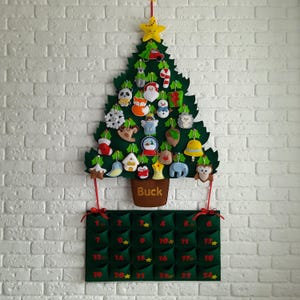 Custom Toddler Christmas tree with 24 soft Felt ornaments with ribbons + felt Advent Calendar with pockets