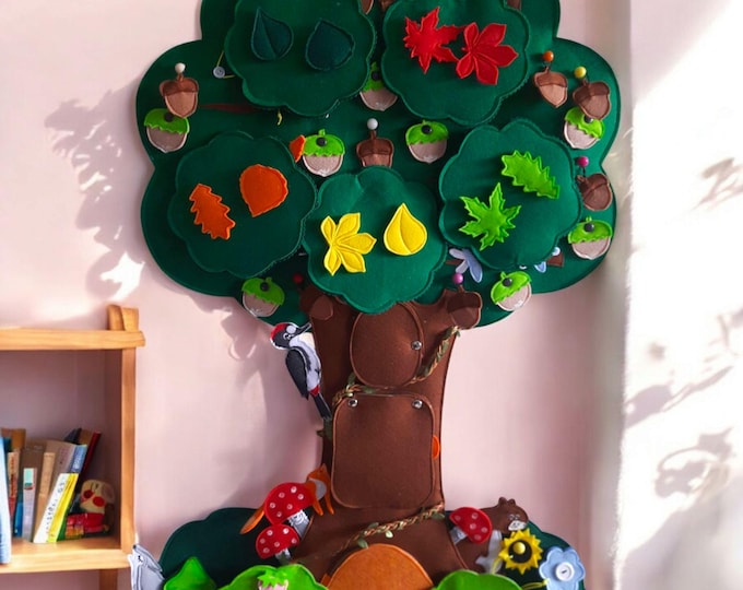 Wall Busy Board for Toddler - Gigant handmade Felt Tree 78 cm (30.7 inches) and Animals - Montessori Educational Toy - kids wall decor