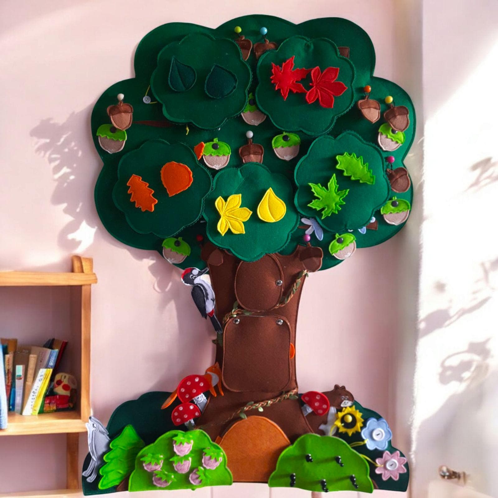 Wall Busy Board for Toddler - Gigant handmade Felt Tree 78 cm (30.7'' in) and Animals - Montessori Educational Toy - kids room wall decor