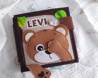 Toddler Busy Book with Peek-a-boo teddy bear on the cover and with a name - custom personalized felt busy book - 1 year old boy gift