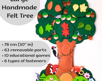 Montessori busy board 78 cm (30&#39;&#39; in) - Large Handmade Felt Tree - 63 removable parts, 10 educational games, 6 types of fasteners