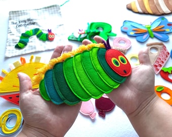 The Very Hungry Caterpillar felt story set for Toddlers, felt buttoning game with caterpillar / caterpillar birthday party