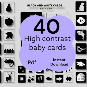 40 ausdruckbare Karten mit hohem Kontrast Baby im PDF - Baby Visuelle Stimulation - Sofortiger Download Digitale PDF-Datei - Schwarz und Weiss Karten