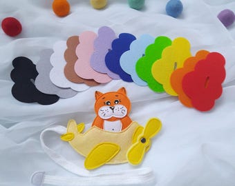 Buttoning learning felt game Orange Cat on Airplane with rainbow clouds - Activity for toddlers - Montessori button practice for kids