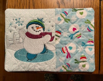 Skating Snowman Mug Rug Coaster: Holiday Stocking Stuffer