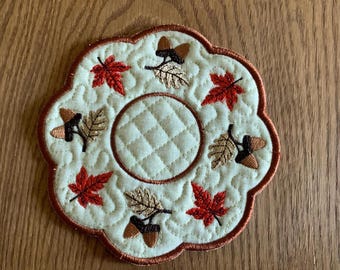 Acorns and Fall Leaves —REVERSIBLE Candle Mat or Mug Rug