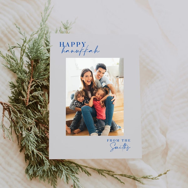 Hanukkah Card • Happy Hanukkah Holiday Card  • Modern Minimalist Family Photo Hanukkah Card • 5x7” • Editable Template • Canva