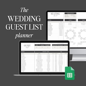 以下が含まれることがあります： ラップトップの画面に表示されているデジタル式の結婚式ゲストリストプランナーのスプレッドシート。スプレッドシートには、ゲストの名前、住所、連絡先情報、RSVPステータスなどの列が含まれています。スプレッドシートのタイトルは「ゲストリスト」です。