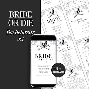 Bride or Die - Til Death Do Us Junggesellinnenparty Set • Spiele, Schilder, Reiseplan + Einladung • Bearbeitbare Vorlagen • Canva