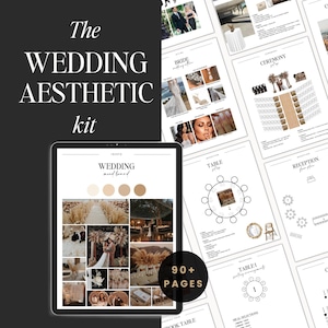 Kit de estética para bodas: inspiración, atuendos, decoración, montaje, maquetas, paneles de ideas y más • Planificador de bodas de más de 90 páginas • Plantilla editable • Canva