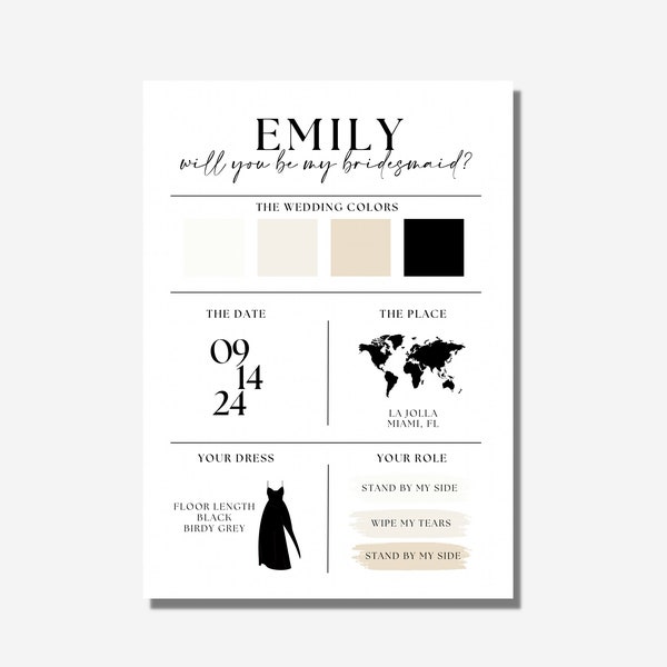 Bridesmaid Proposal Card • Bridesmaid Info Card • Bridal Party Info Card • Modern Minimalist Bridesmaid Infographic •Editable Canva Template