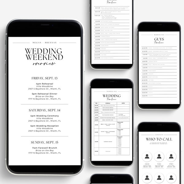 Wedding Weekend Itinerary • Mobile Wedding Party Timeline • Digital Wedding Itinerary • Bridal Party Itinerary • Editable Template • Canva
