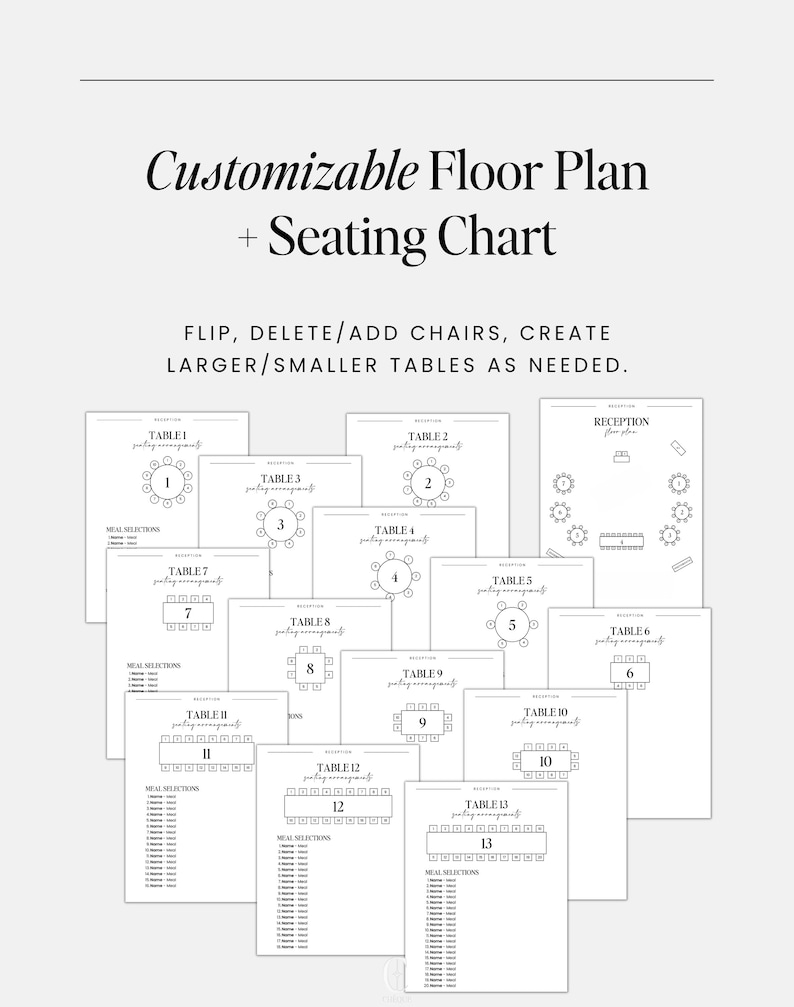 wedding day of binder including a customizable floor plan and seating chart with seating arrangements - round and long tables