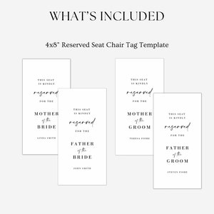Wedding Reserved Chair Tags Minimalist Reserved Seat Sign Modern ...