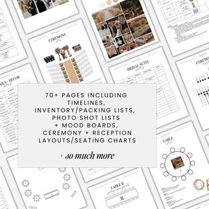 wedding day of binder including timelines, photo shot lists, inspo mood boards, table set up, mock ups, floor plans, seating arrangements, contact lists, decor set up, packing lists, checklists, ceremony processional and recessional order, and more.