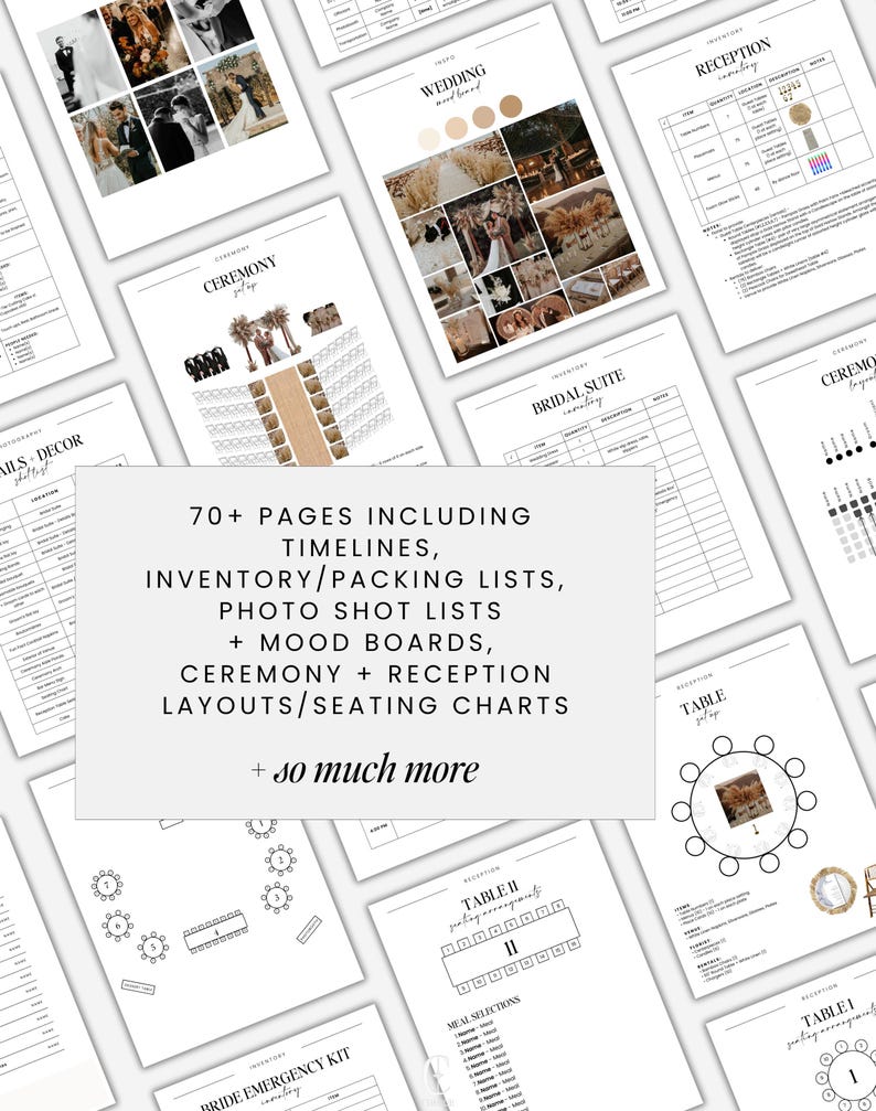 wedding day of binder including timelines, photo shot lists, inspo mood boards, table set up, mock ups, floor plans, seating arrangements, contact lists, decor set up, packing lists, checklists, ceremony processional and recessional order, and more.