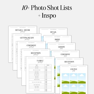 wedding day of binder including photography shot lists and inspo mood boards for family photos, detail shots, couple photos, ceremony and reception photo lists