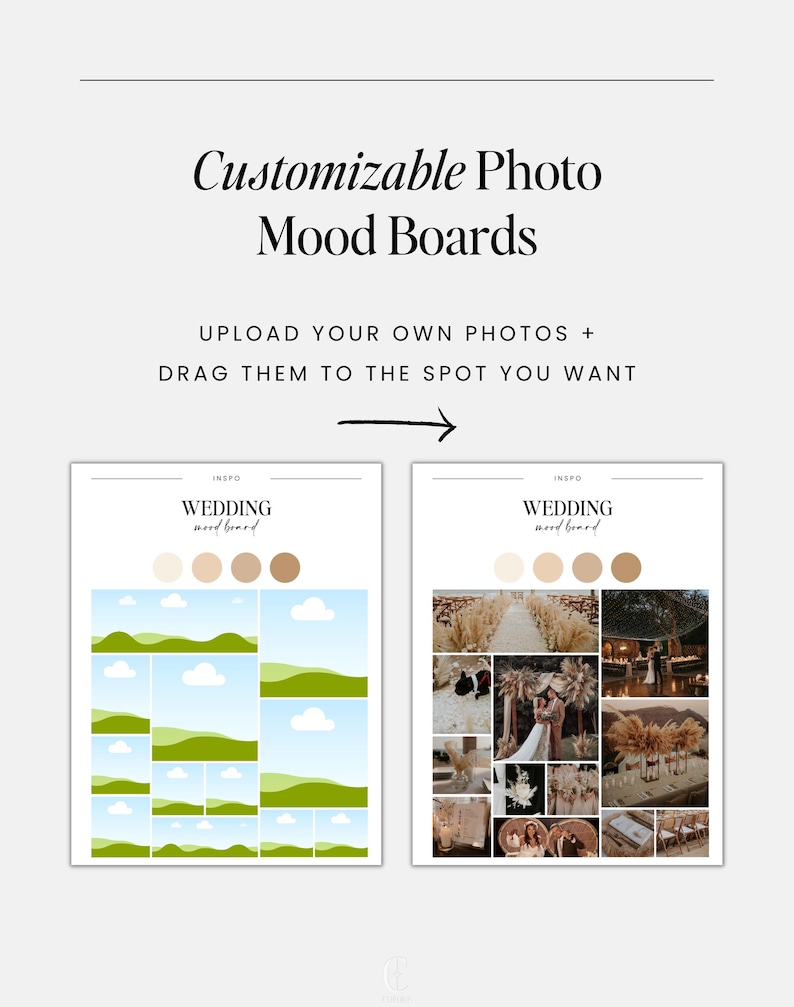 wedding day of binder including customizable photo mood boards for inspo