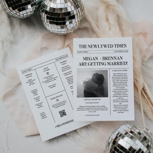 Periódico de bodas • Tarjeta de bienvenida para bodas • Cronología del programa de bodas • The Newlywed Times • Minimalista moderno • Plantilla editable • Canva