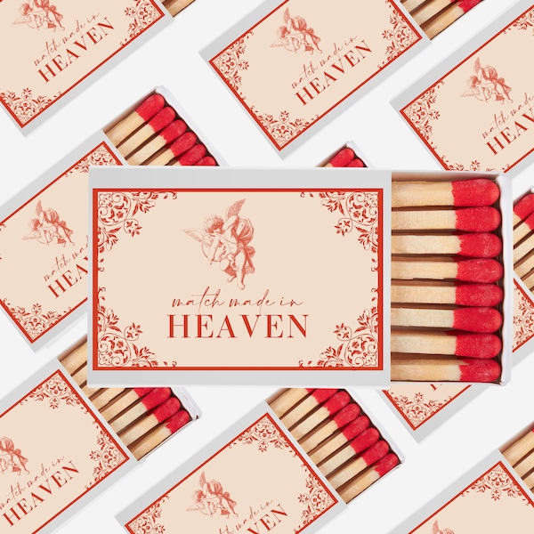 Matchbox Label • Match Made in Heaven • Wedding Favor Matches • Customizable Match Box Sticker Label • Editable Template • Canva