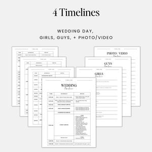 Wedding day of binder including timelines for the day, a timeline for the bridal party, timelines for bridesmaids and groomsmen, and a photography timeline